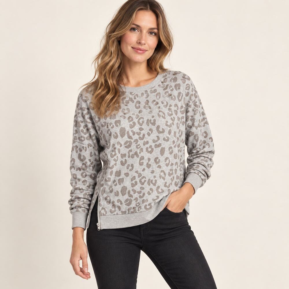 Rails Marlo Gray Flocked Leopard Side Zip Sweatshirt M